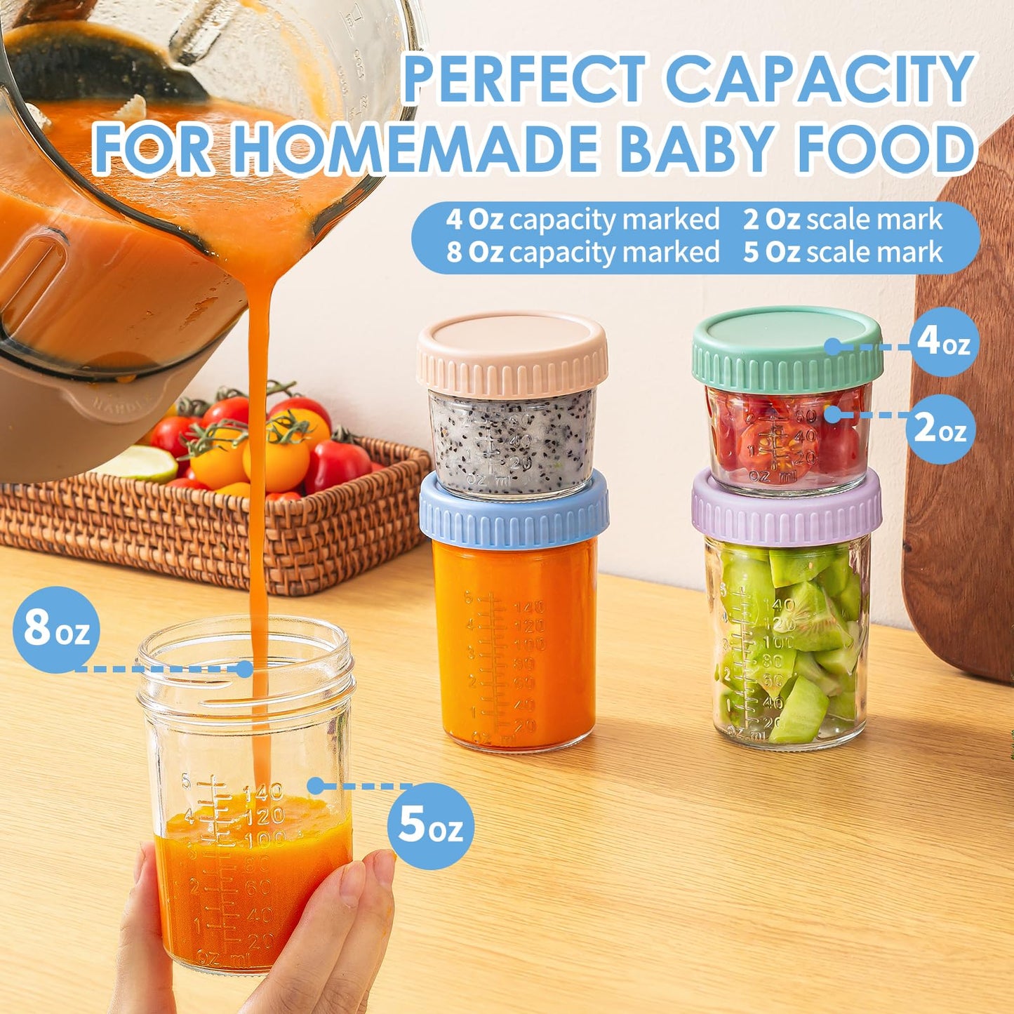 4 fluid ounce and 8 fluid ounce glass food jars for babies