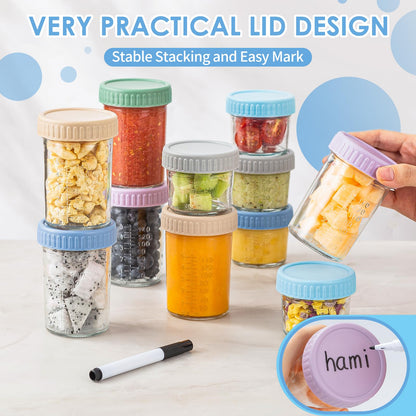 Stackable glass food jars inside a refrigerator for organized storage
