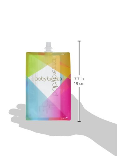 Baby Brezza baby food pouch standing upright filled with puree