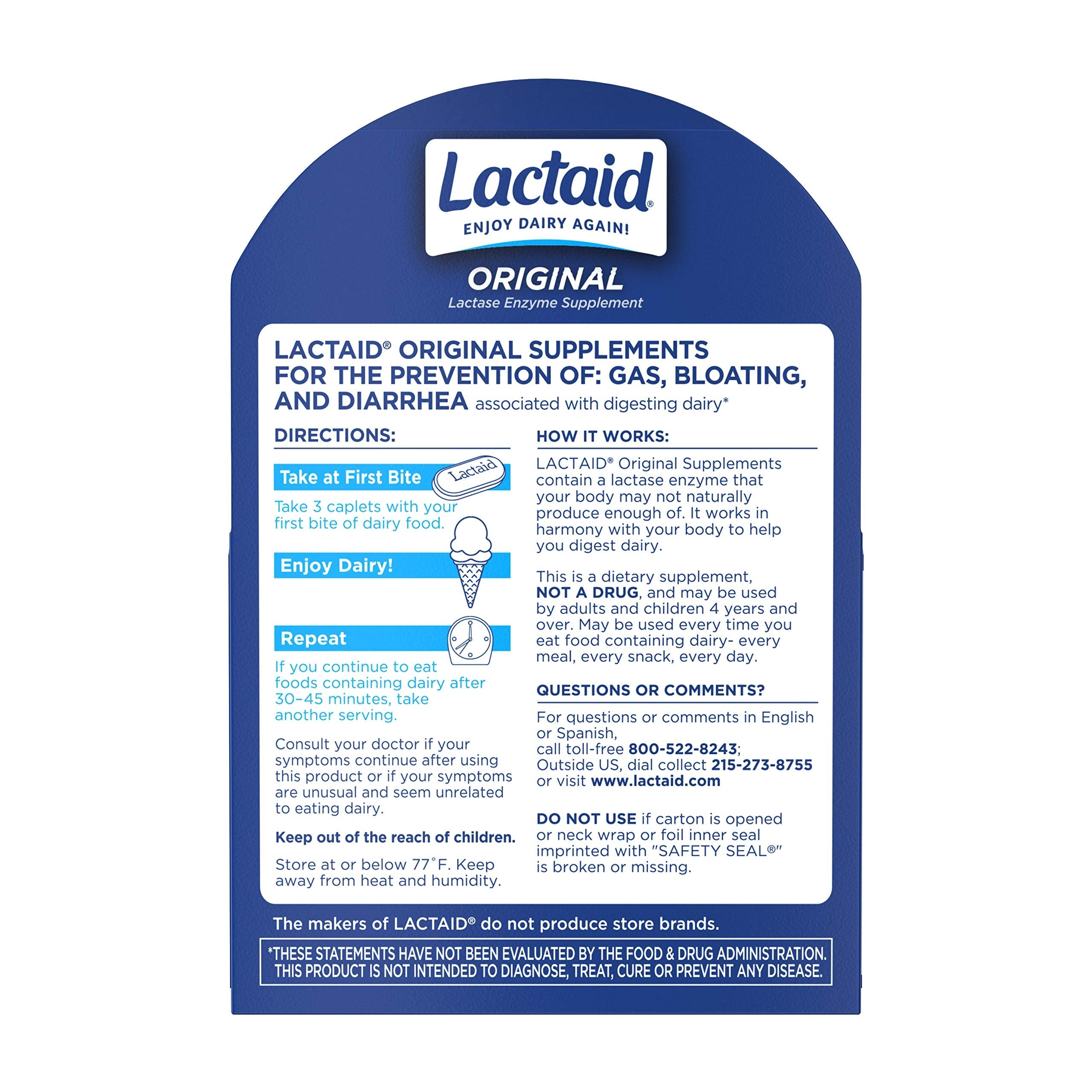 Lactaid lactose intolerance supplement box showing supplement facts and ingredients panel