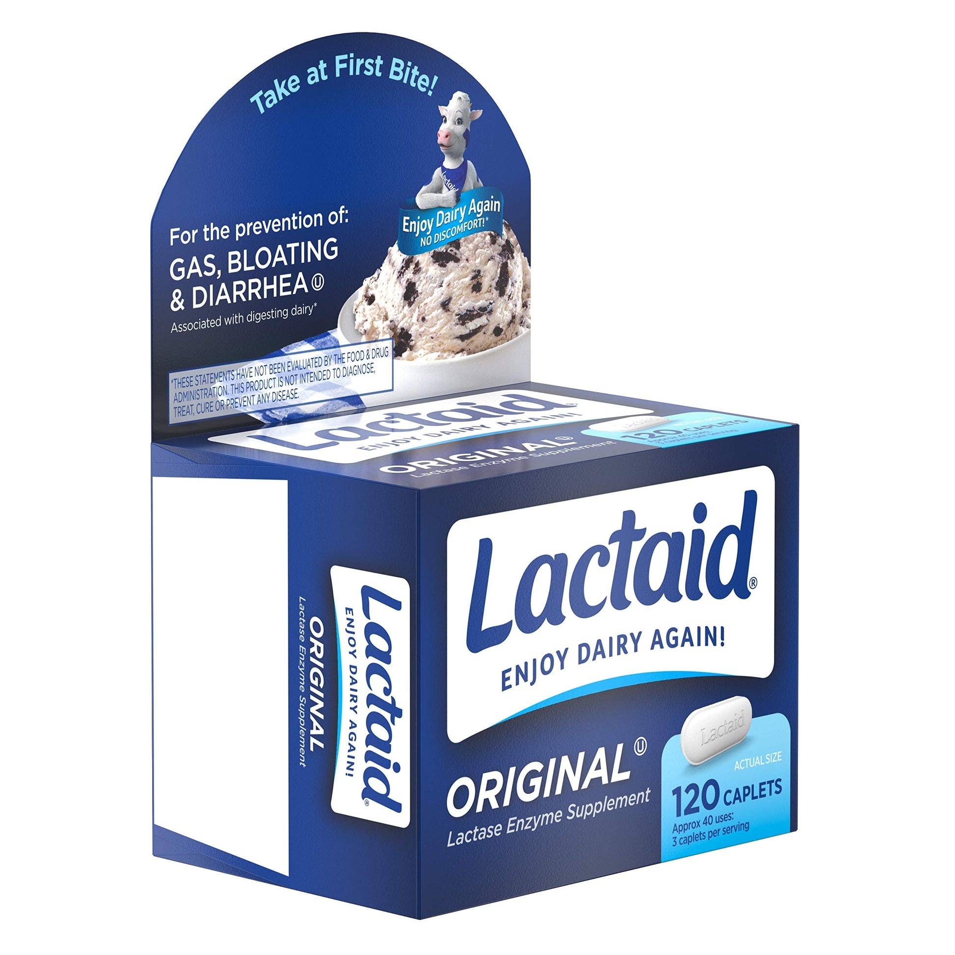 Lactaid 120 count caplets carton illustrating dosage instructions and dairy food icons
