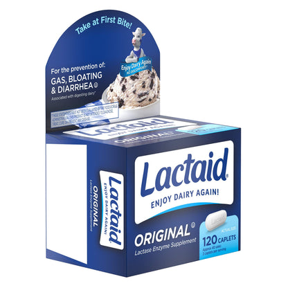 Lactaid 120 count caplets carton illustrating dosage instructions and dairy food icons