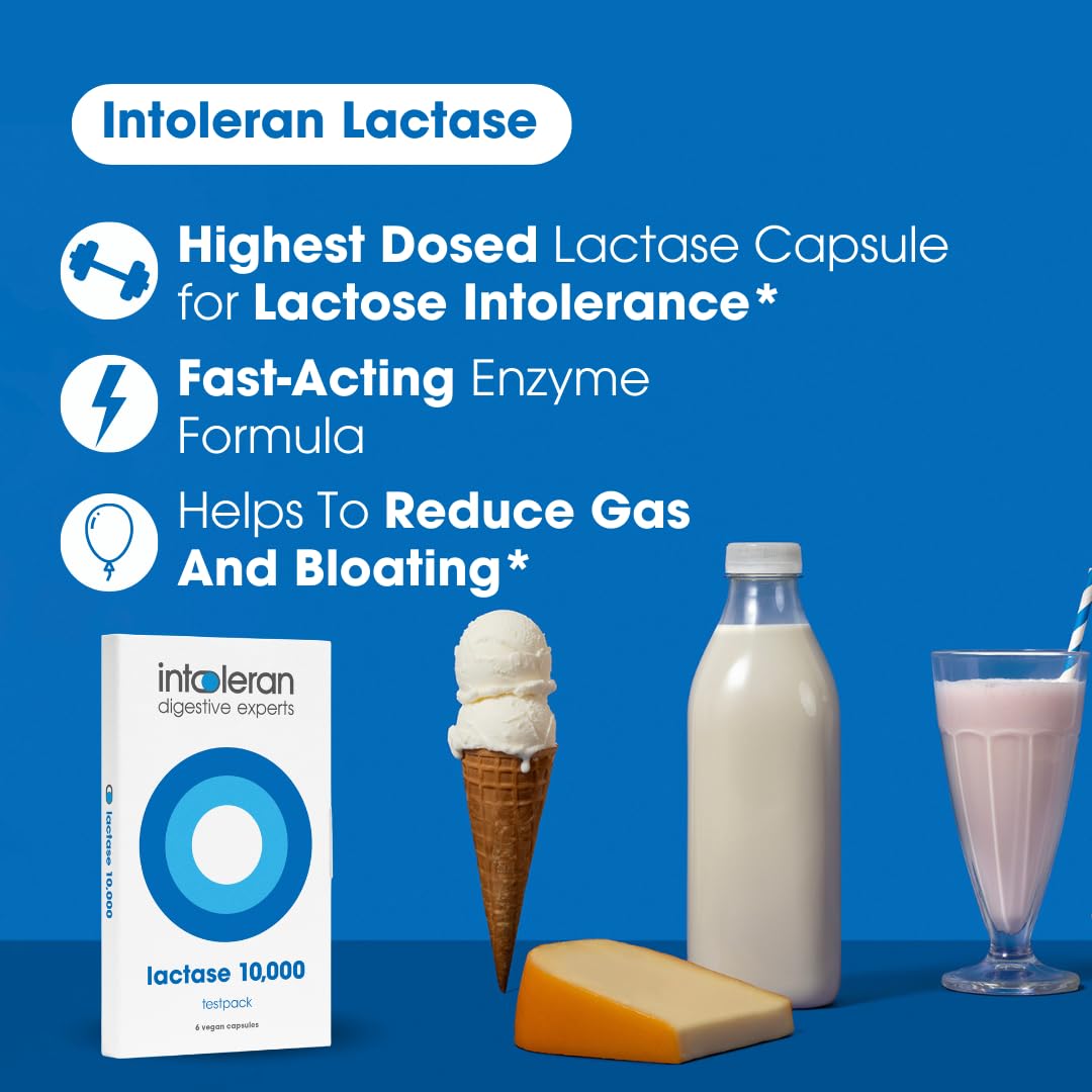 Intoleran Lactase 6 scored tablets pack showing ingredient facts