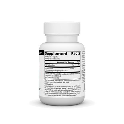 Source Naturals Lactase Digest supplement facts and ingredients list on the back of the bottle.