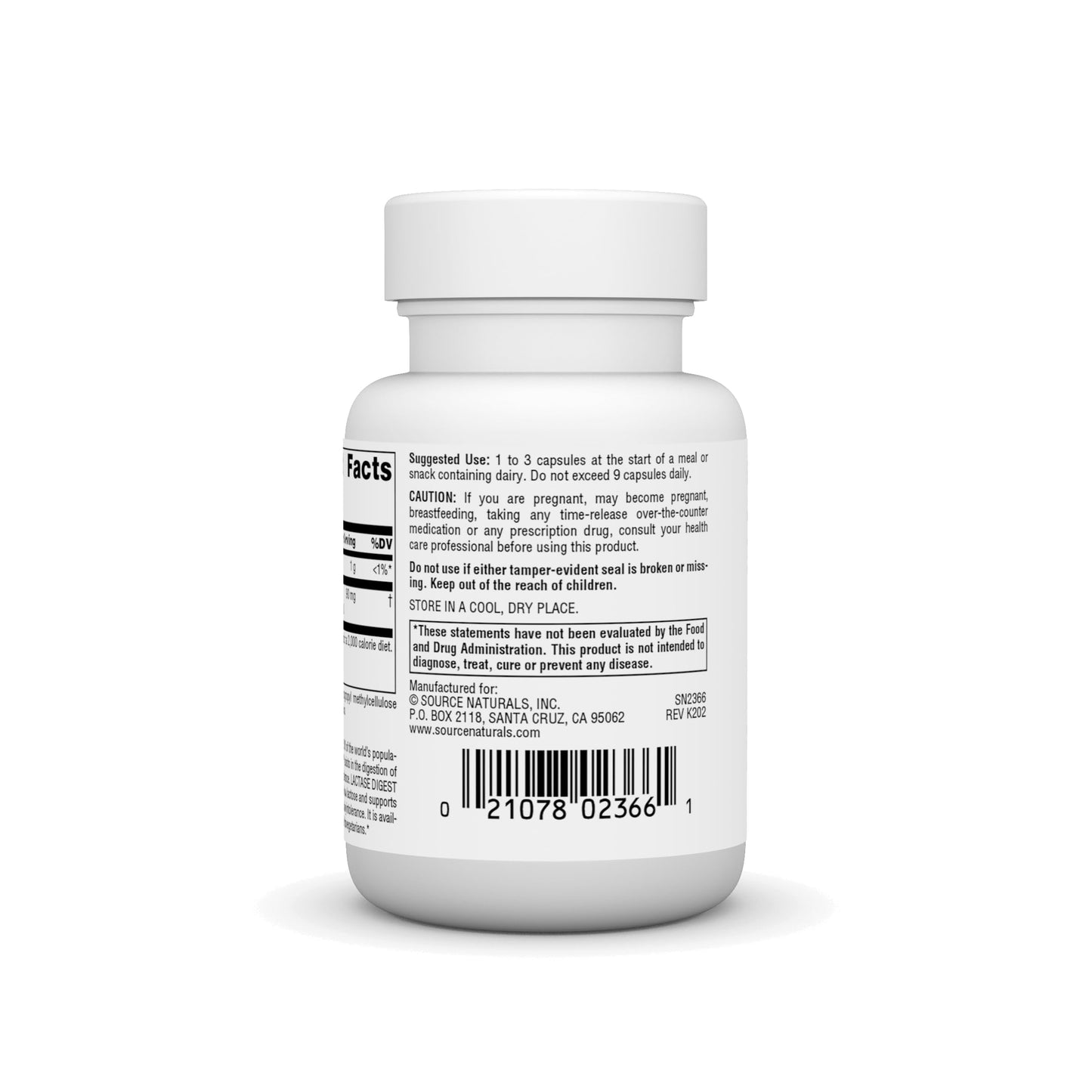 Side view of Source Naturals Lactase Digest packaging highlighting the allergen warning and manufactured location.