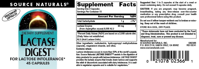 Authentic USA imported Source Naturals Lactase Digest bottle showcasing the vegetarian capsule certification.
