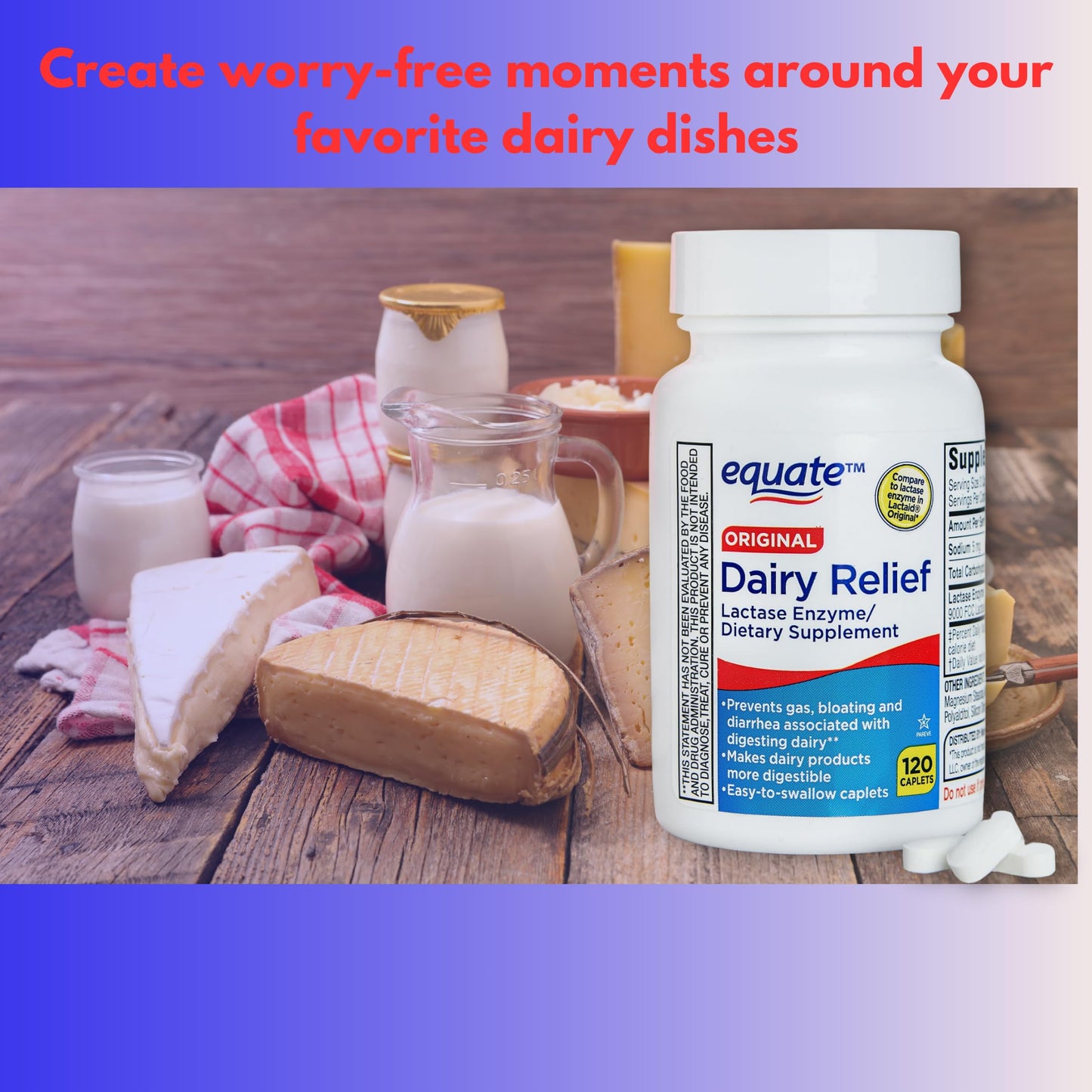 Side view of Fusion Shop Store Dairy Relief tablets bottle highlighting the directions for lactose digestion.