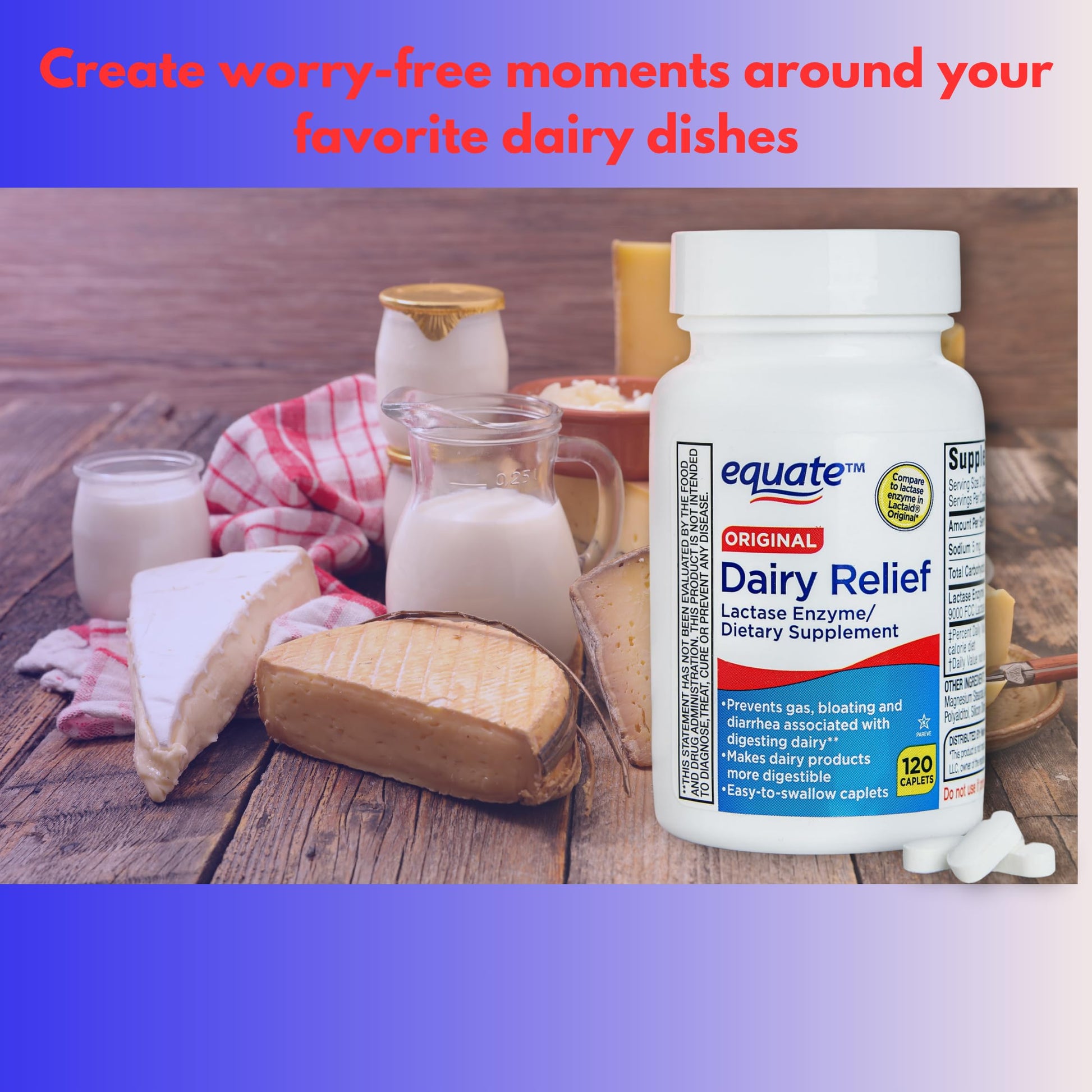 Side view of Fusion Shop Store Dairy Relief tablets bottle highlighting the directions for lactose digestion.