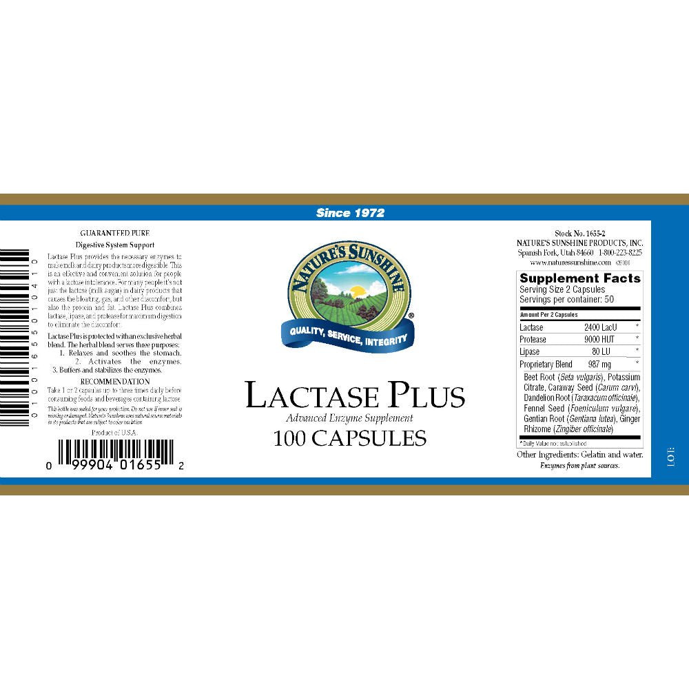 Nature's Sunshine Lactase Plus supplement facts panel and dairy digestion benefits label view
