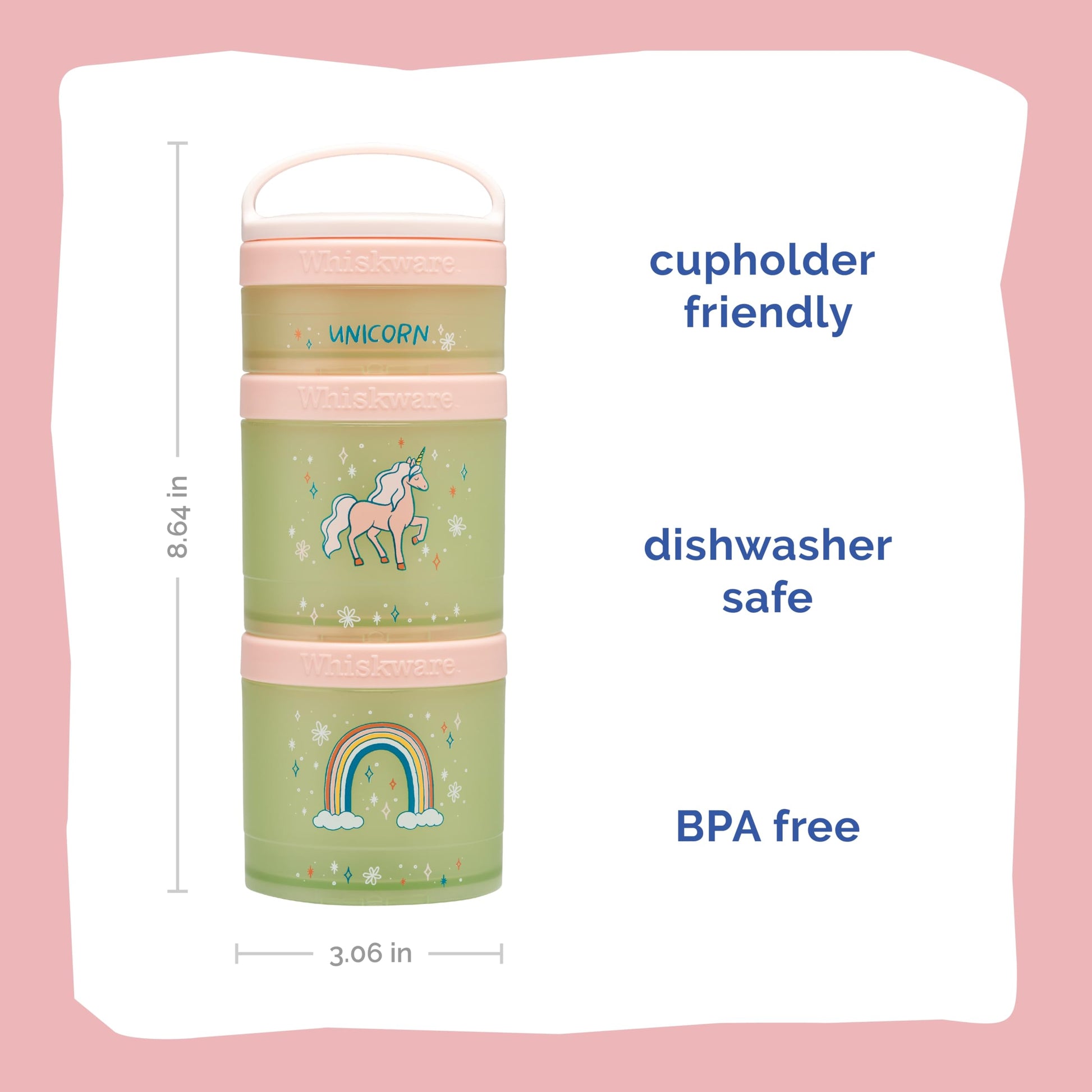 Three stacked snack cups with unicorn design and handle