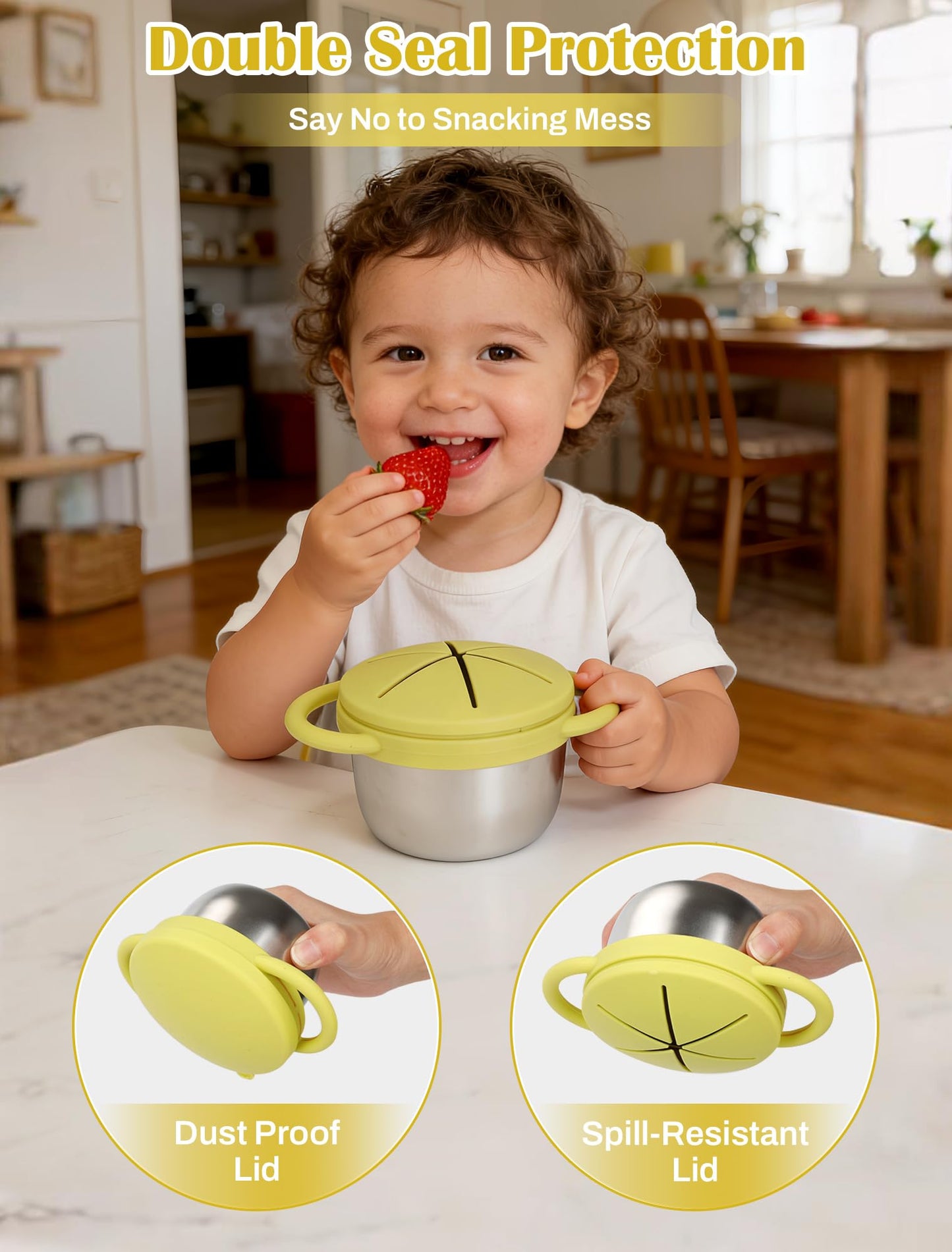 Toddler holding Theoni stainless steel snack cup with silicone handle