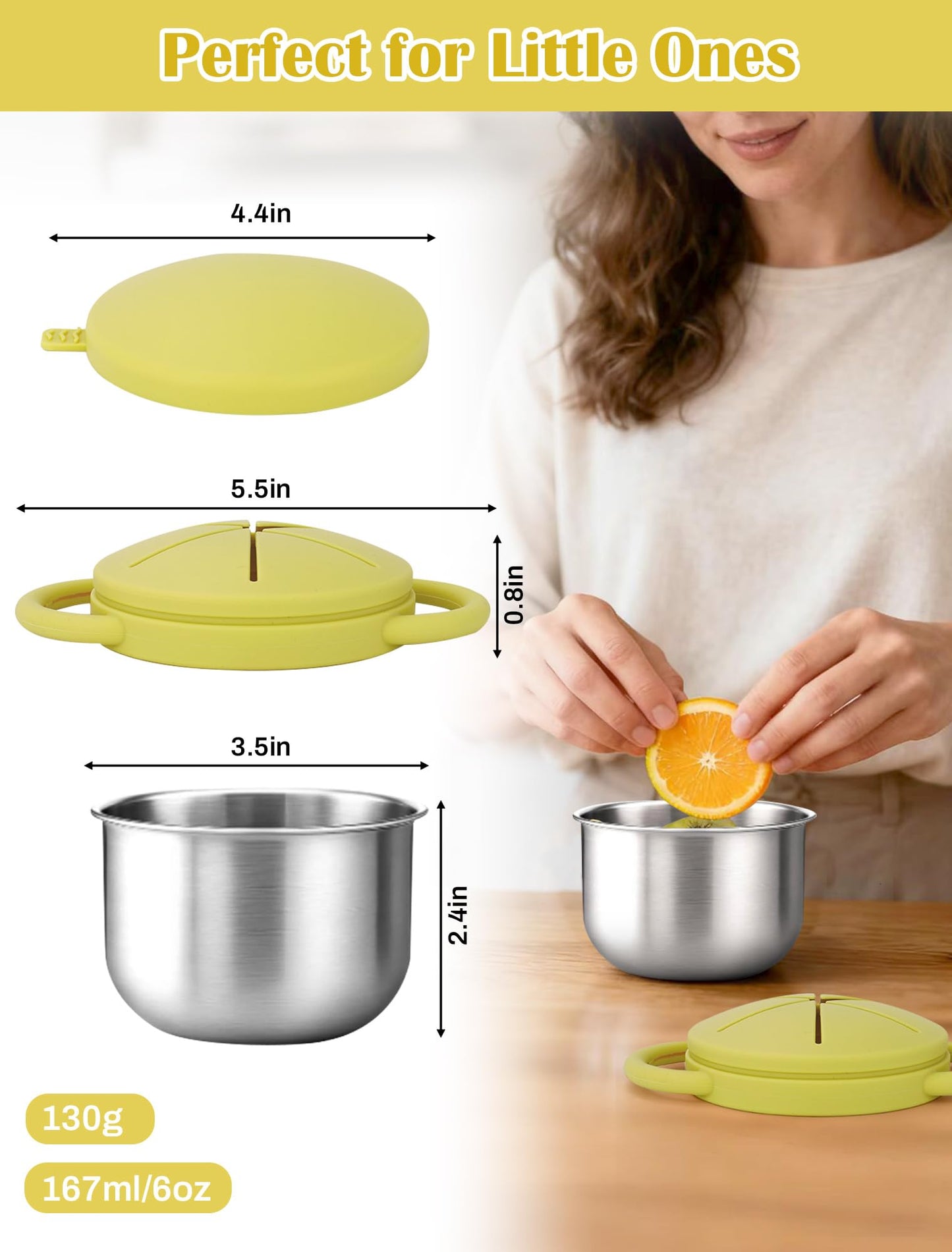 Top view of yellow and beige stainless steel snack cups