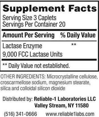 Reliable-1 Laboratories Lactase Enzyme dietary supplement bottle side view showing directions and usage information