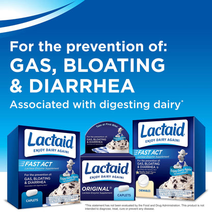 Close up of Lactaid digestive enzyme supplement box detailing natural ingredients and directions for use