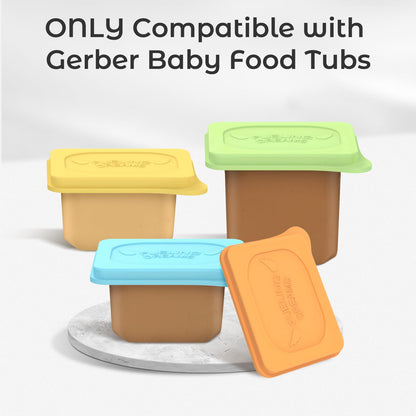 Four colorful Giichen reusable baby food container lids