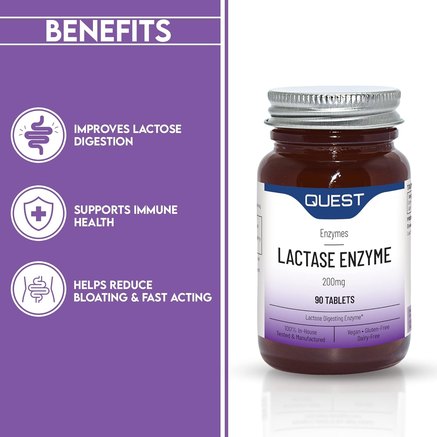Quest Lactase Enzyme 2000 ALU tablets side panel showing supplement ingredients and directions.