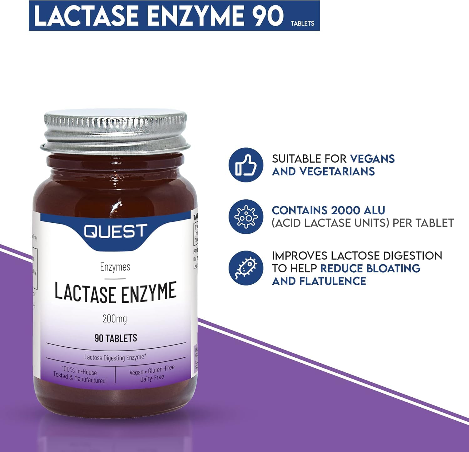 Quest Vitamins Lactose Digesting Enzyme packaging displaying 90 count vegan tablets.