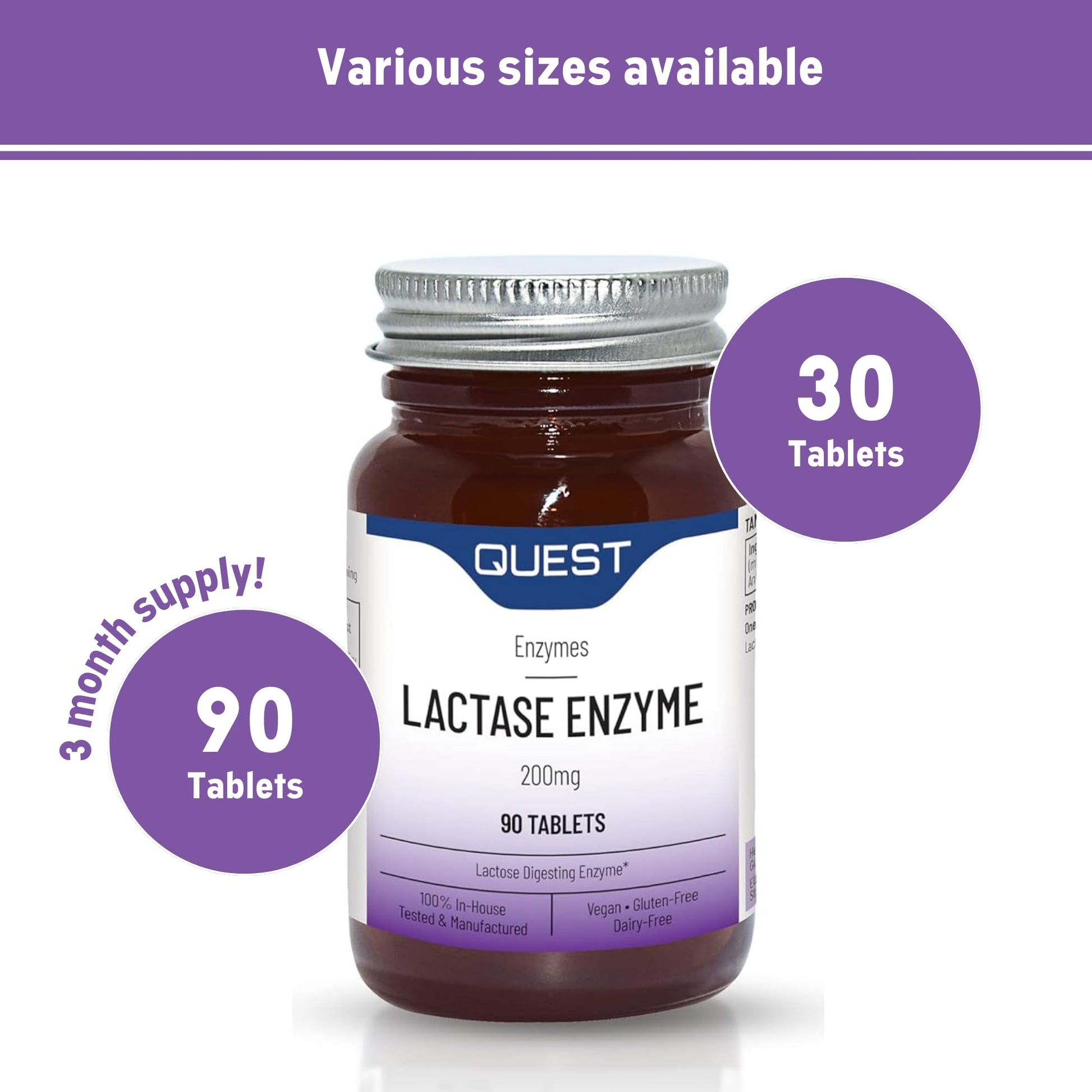 Authentic Quest Lactase 200mg container illustrating digestive support benefits for dairy lovers.