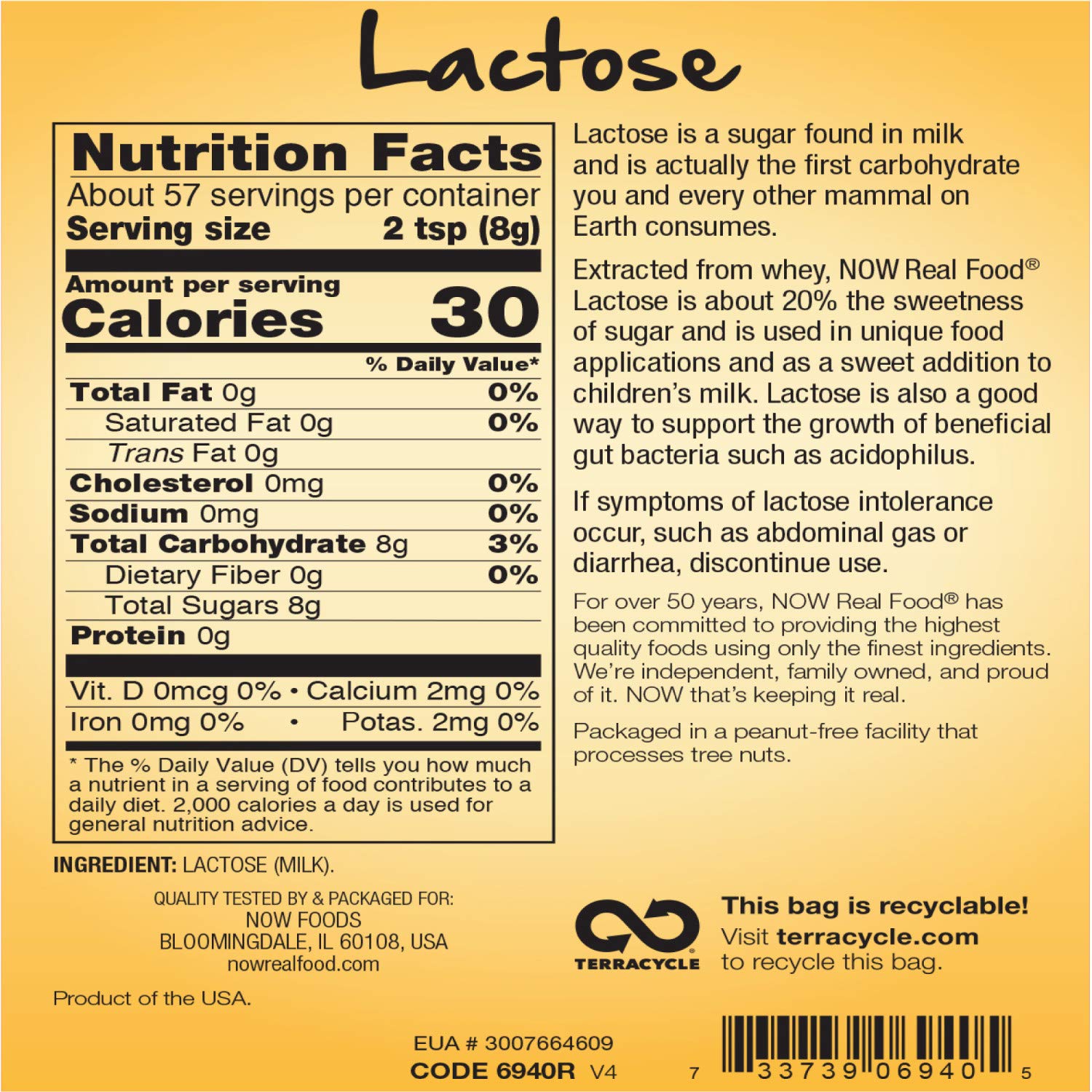 NOW Foods Lactose 100 Percent Pure Specialty Sweetener six bag bulk pack