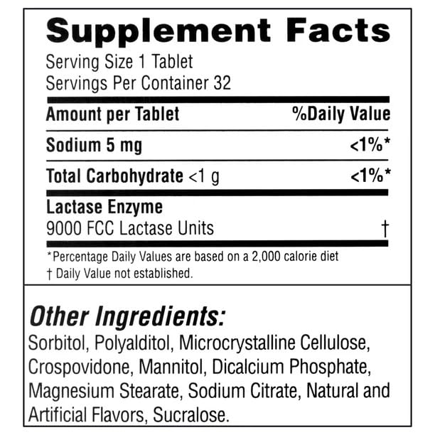 IKJ Dairy Relief vanilla flavored chewable supplement nutritional information and ingredients label