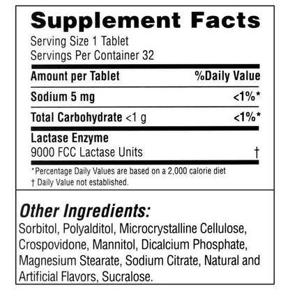 IKJ Dairy Relief vanilla flavored chewable supplement nutritional information and ingredients label