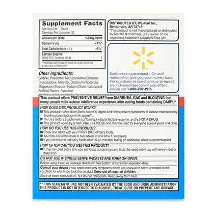 Fusion Shop Store Fast Acting Dairy Relief 32 count box displayed on an aesthetic background