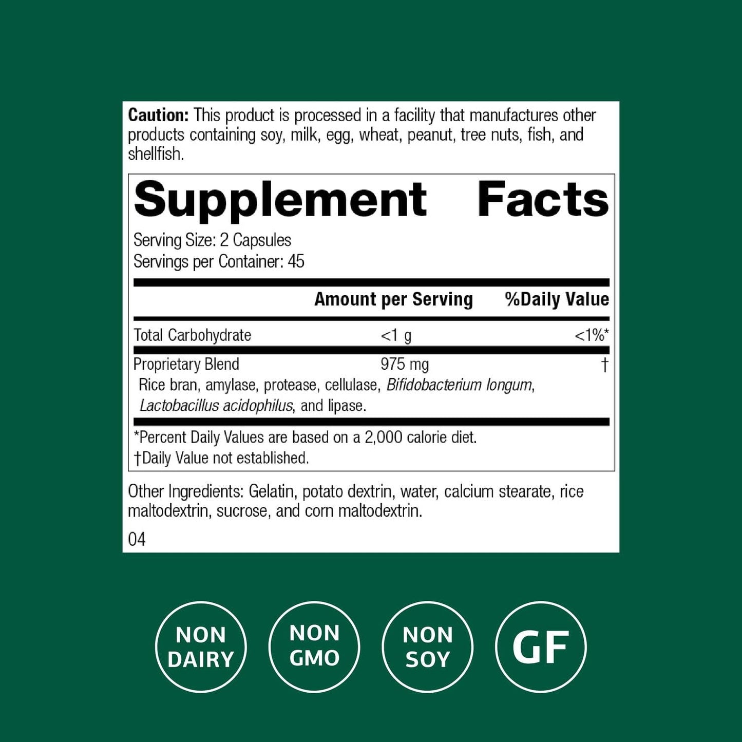 Standard Process Lact-ENZ probiotic 90 capsules nutritional label