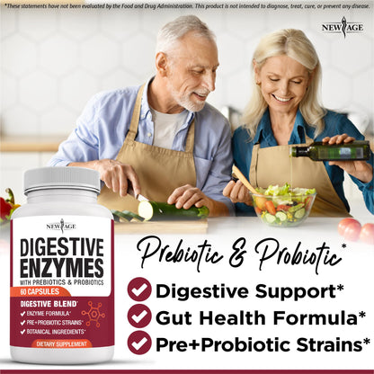 NEW AGE Lipase and Probiotics supplement packaging highlighting the 16-enzyme blend benefits