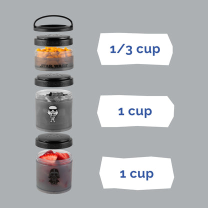 Darth Vader and Storm Trooper snack jars in a car cup holder