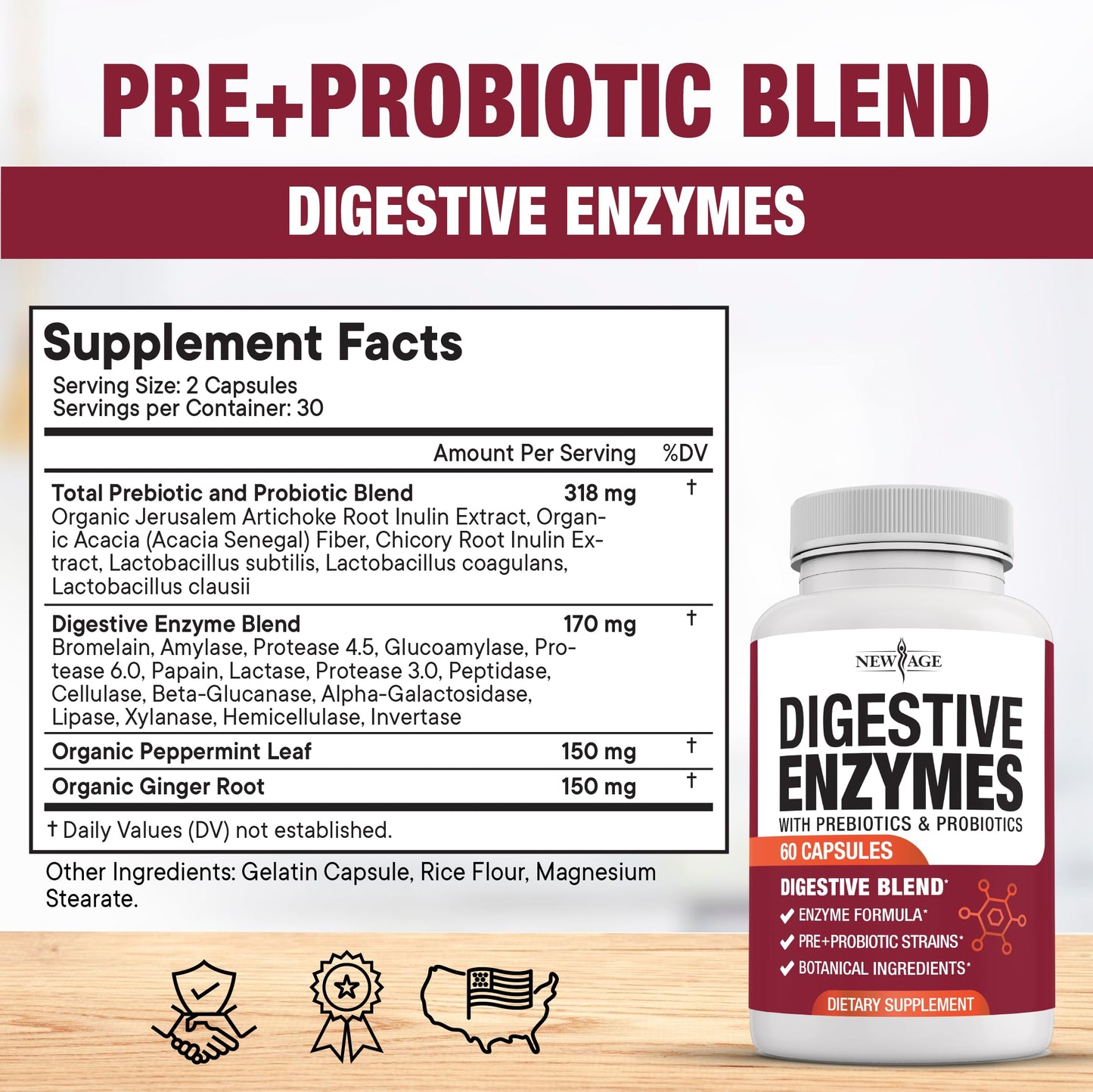Side view of NEW AGE Digestive Enzymes container showing the soy-free and vegetarian labels