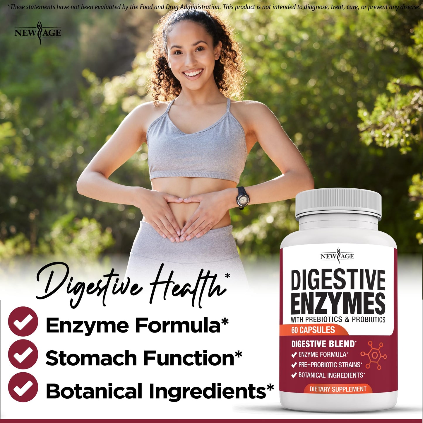 Close-up of the vegan capsules from NEW AGE designed to reduce bloating and gas