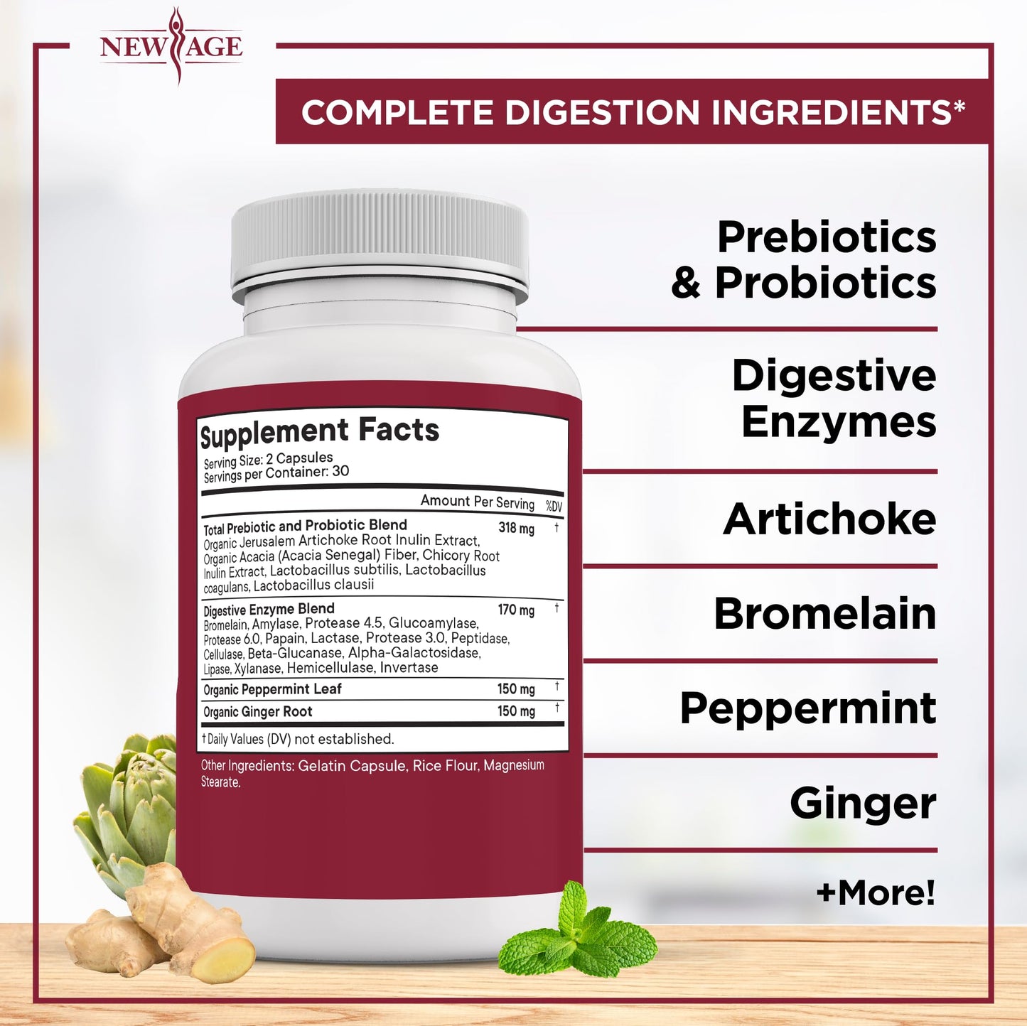 Back label of NEW AGE Digestive Enzymes with Probiotics detailing the broad-spectrum formula ingredients