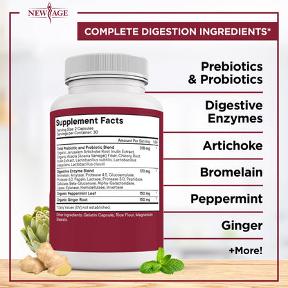 Back label of NEW AGE Digestive Enzymes with Probiotics detailing the broad-spectrum formula ingredients