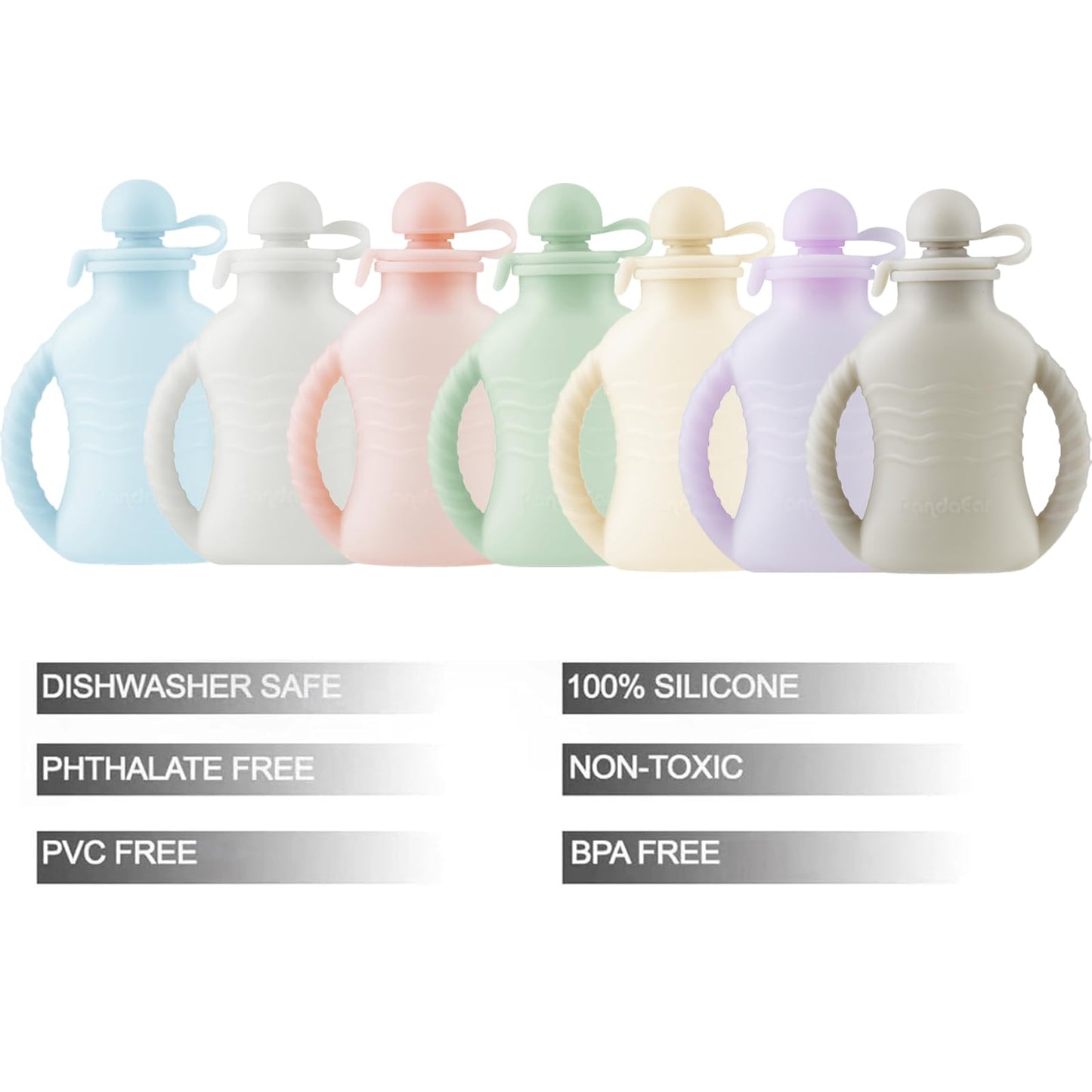 Refillable 4 fluid ounce baby food squeeze pouches in various colors
