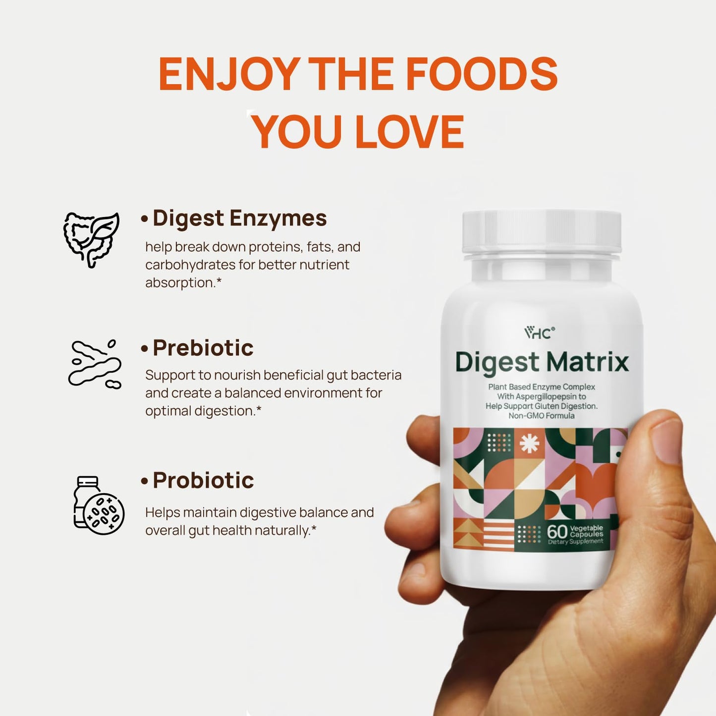 Back label of authentic VHC digestive enzyme complex detailing amylase, lipase, and bromelain ingredients.