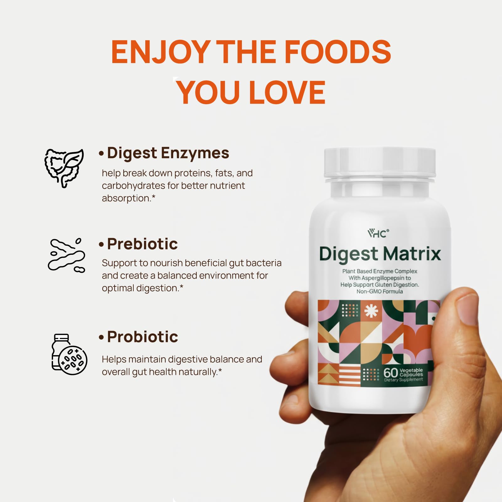 Back label of authentic VHC digestive enzyme complex detailing amylase, lipase, and bromelain ingredients.