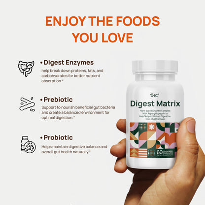 Back label of authentic VHC digestive enzyme complex detailing amylase, lipase, and bromelain ingredients.