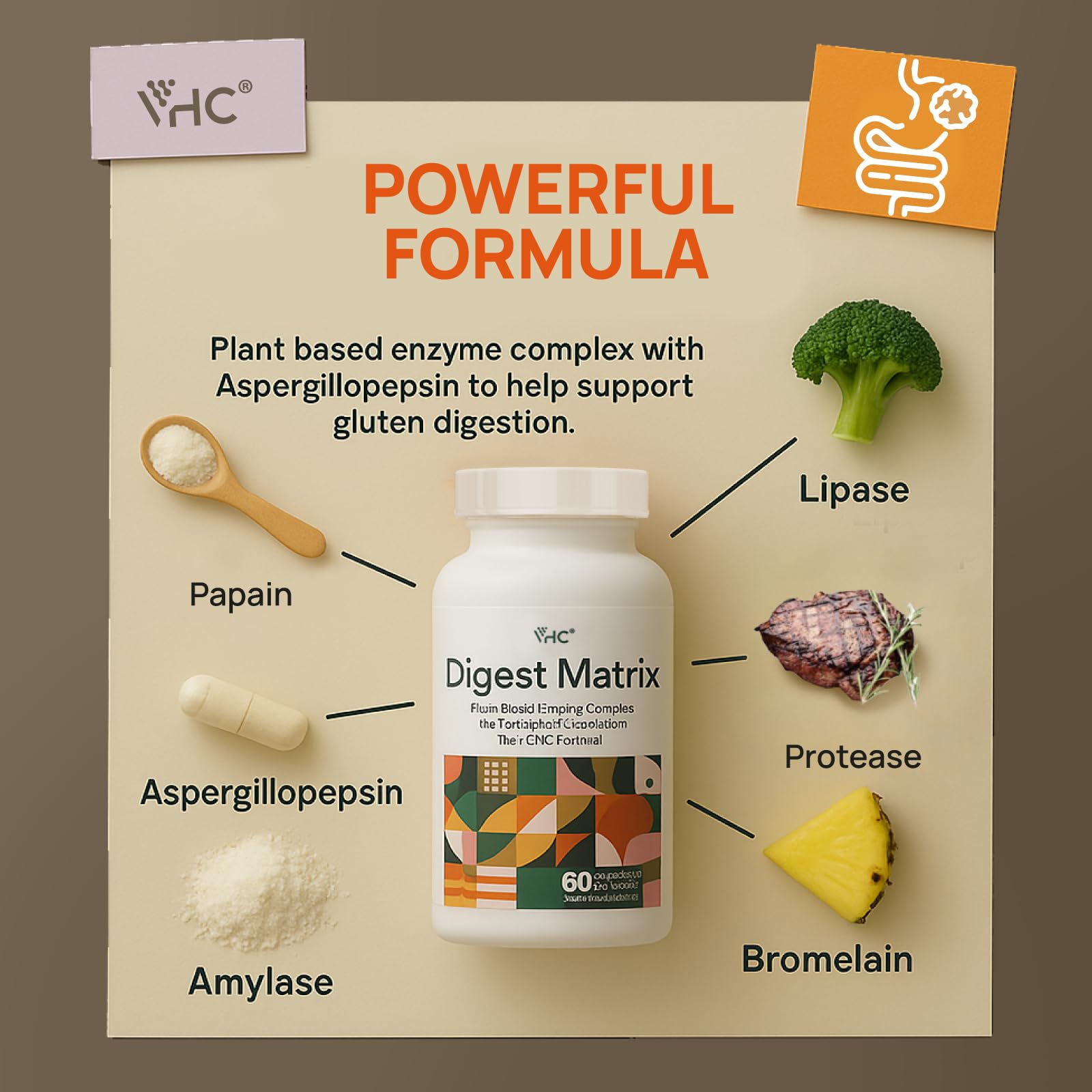Non-GMO and gluten-free plant-based digestive support capsules by VHC imported from USA.
