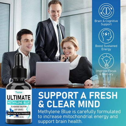 Pharmaceutical grade methylene blue liquid drops in amber glass bottle