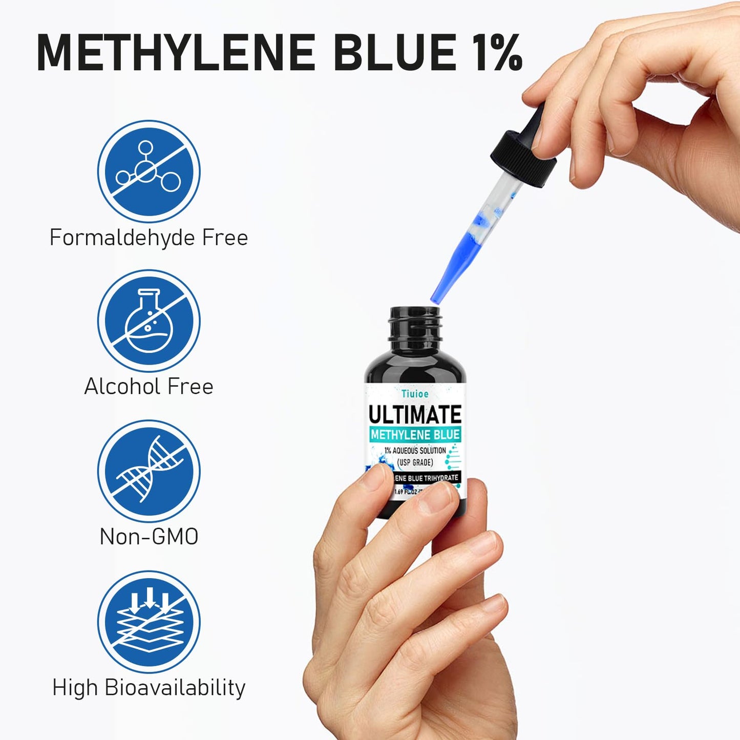 Formaldehyde free methylene blue trihydrate aqueous solution dropper view