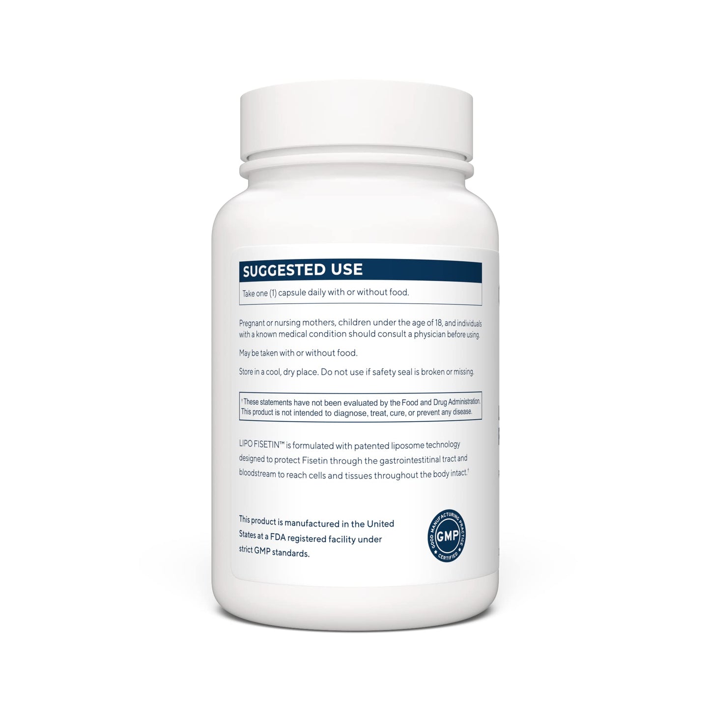 Authentic Renue By Science LIPO Fisetin supplement packaging showing one hundred fifty milligrams serving details.
