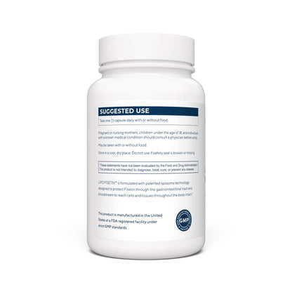 Authentic Renue By Science LIPO Fisetin supplement packaging showing one hundred fifty milligrams serving details.