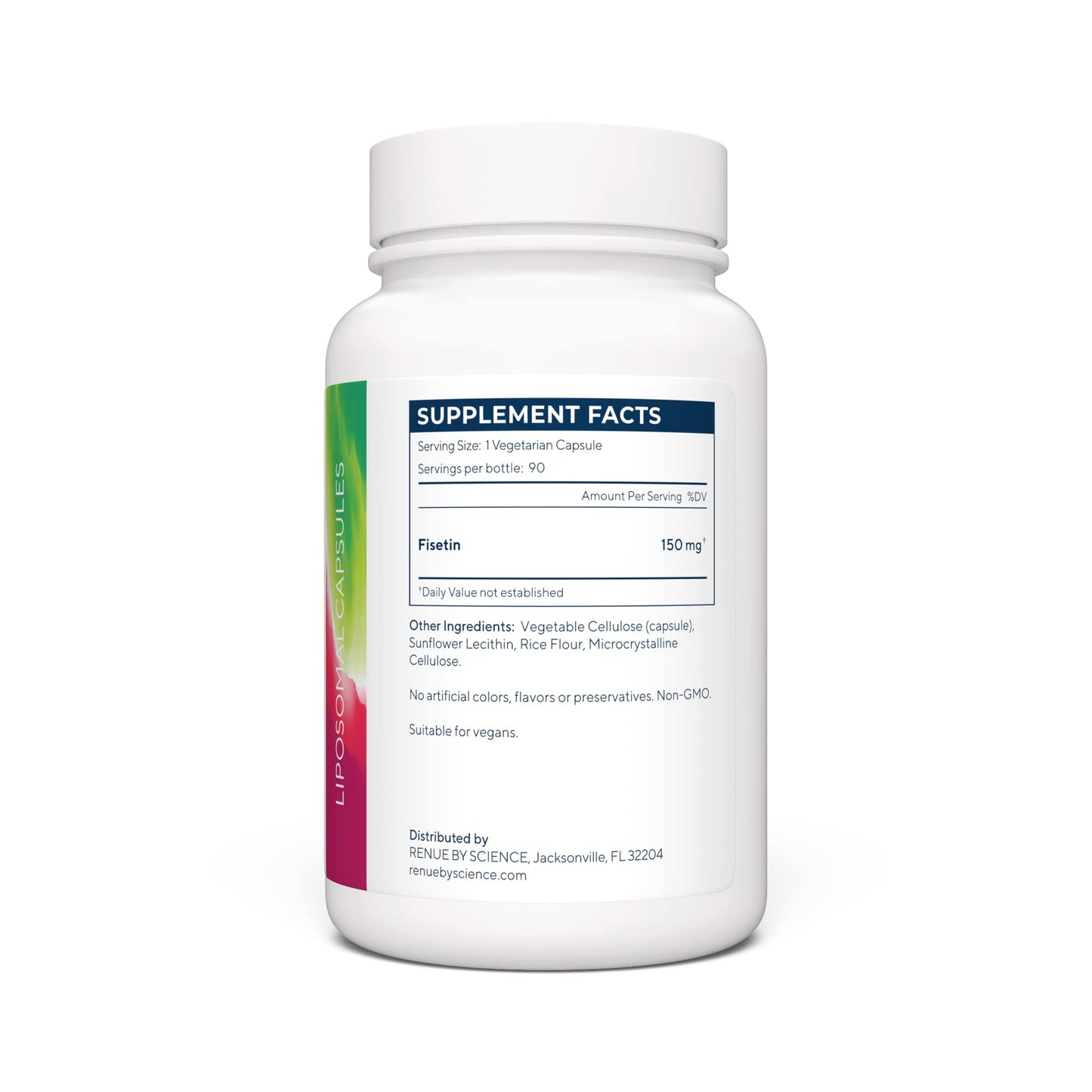 Close up of the ingredient label on the imported Renue By Science liposomal senolytic supplement.