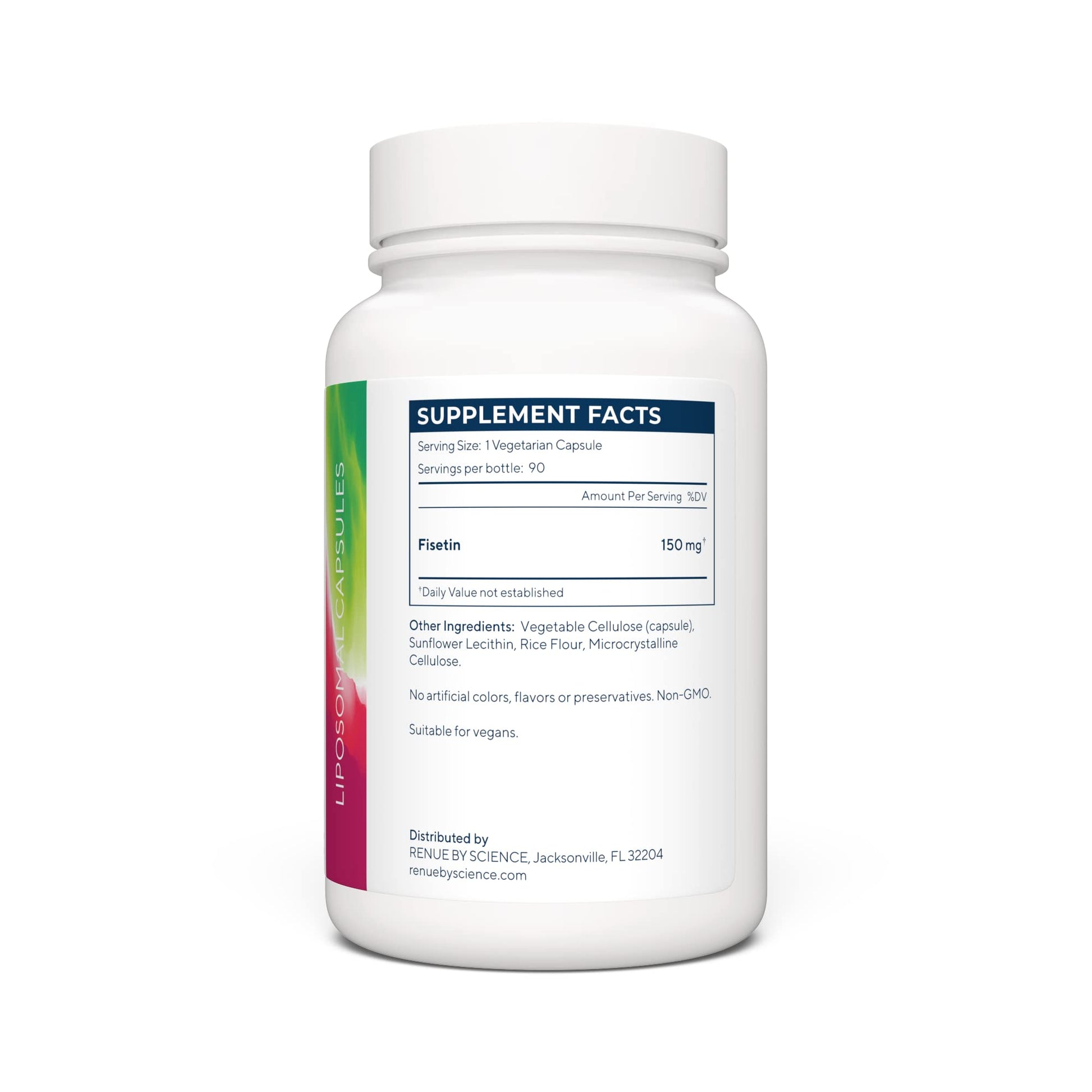 Close up of the ingredient label on the imported Renue By Science liposomal senolytic supplement.