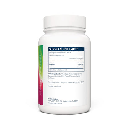 Close up of the ingredient label on the imported Renue By Science liposomal senolytic supplement.