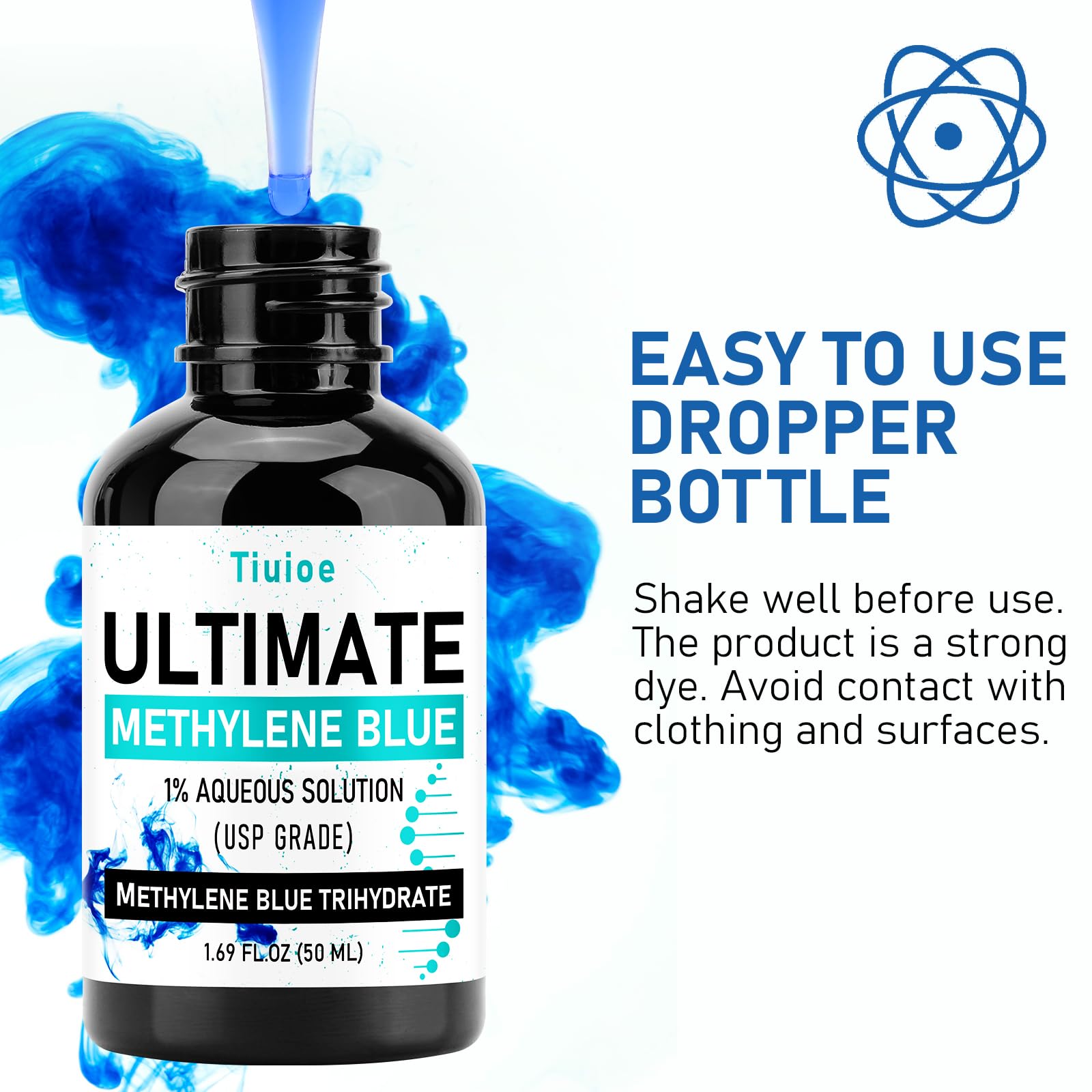 Bacteriostatic scientific research grade methylene blue solution bottle label details
