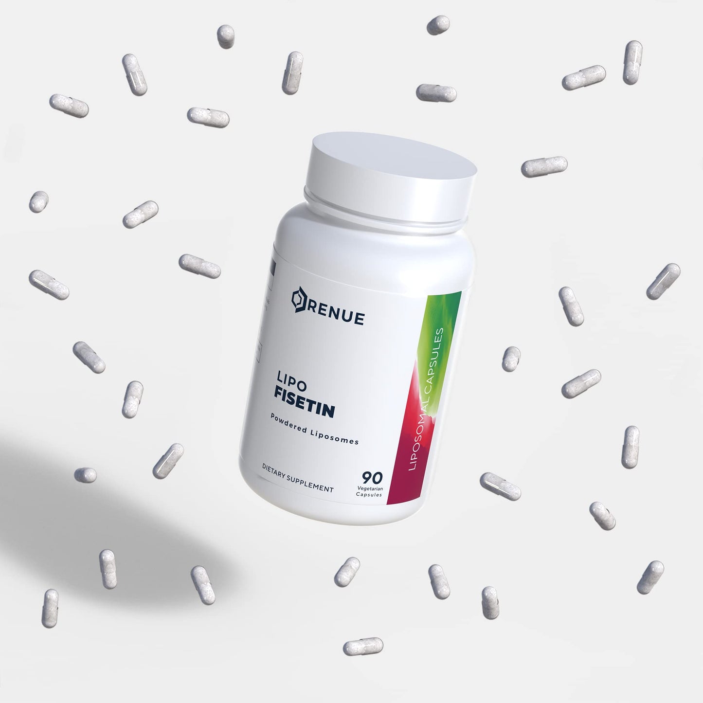 Renue By Science Fisetin dietary supplement bottle showing advanced liposomal delivery system text.