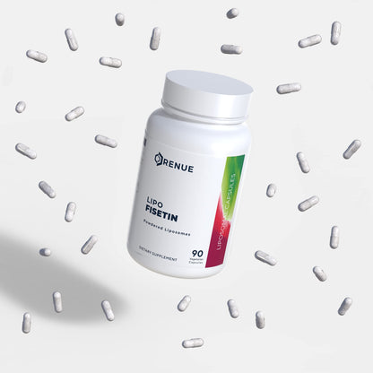 Renue By Science Fisetin dietary supplement bottle showing advanced liposomal delivery system text.