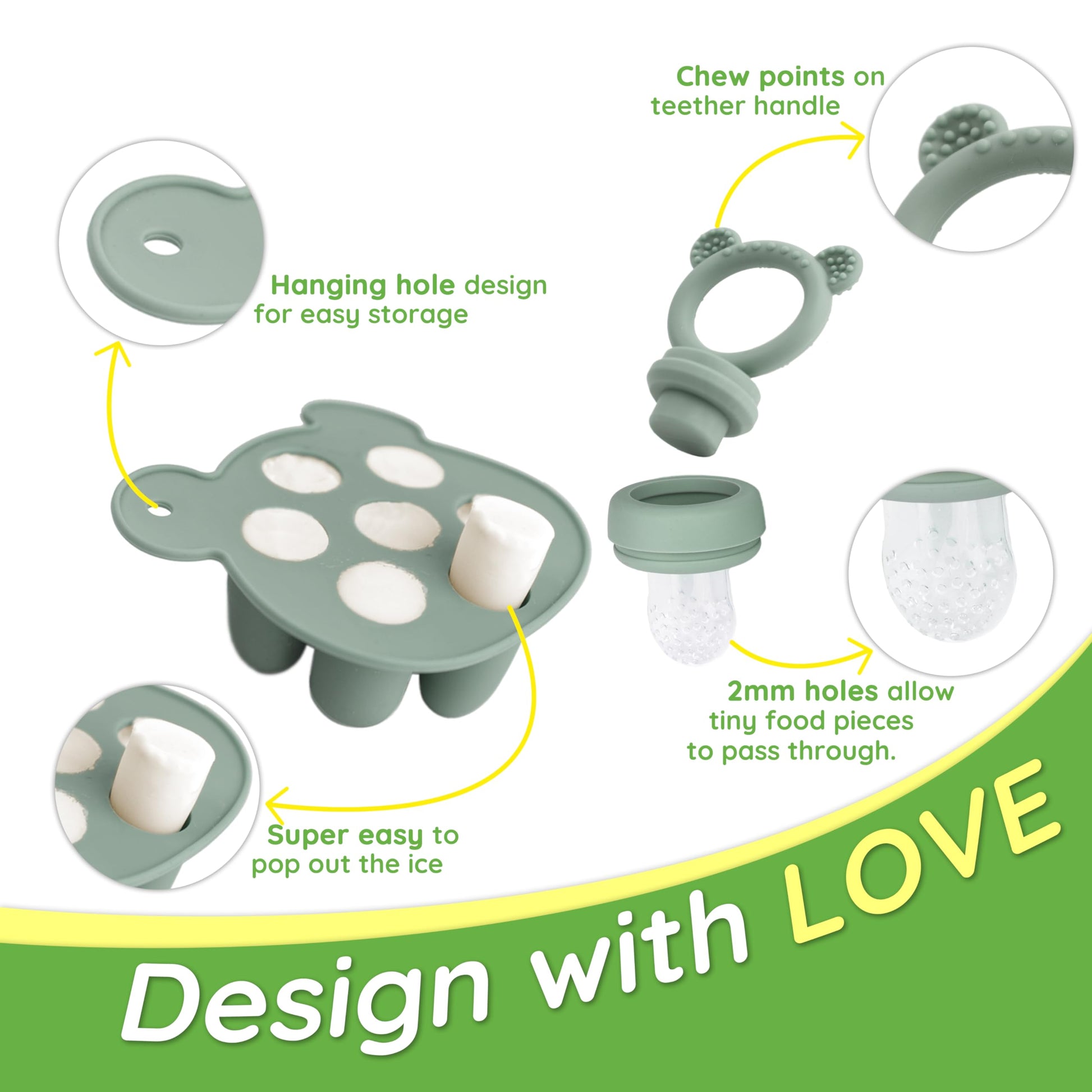 Sage green silicone baby feeder with travel cap