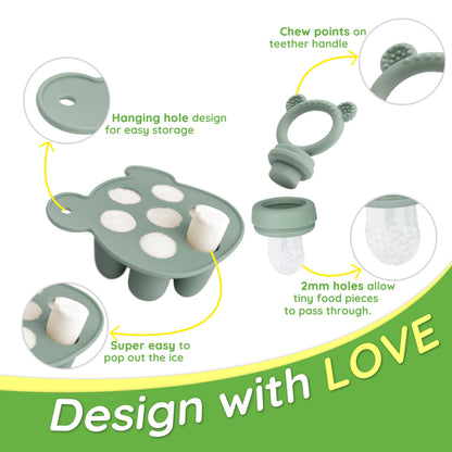 Sage green silicone baby feeder with travel cap